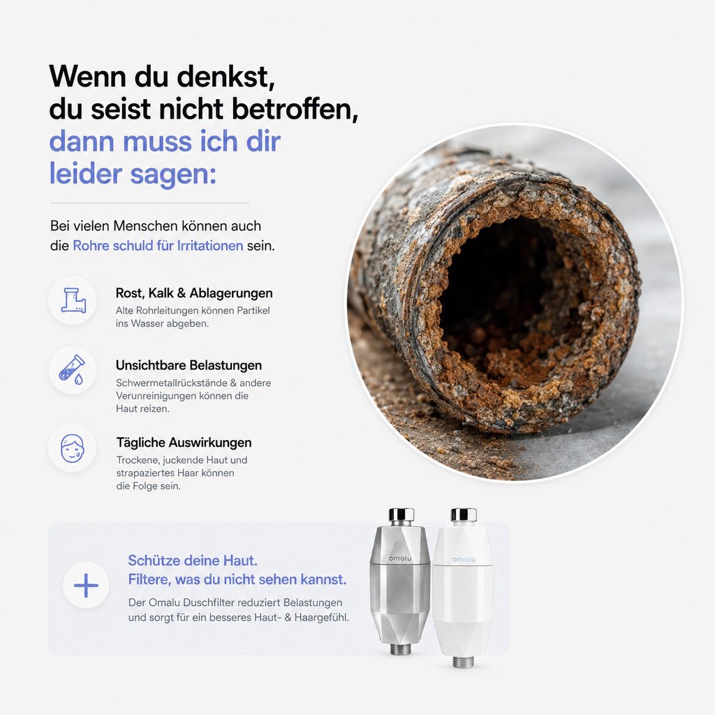 Nahaufnahme einer verkalkten Rohrleitung neben zwei Omalu Duschfiltern