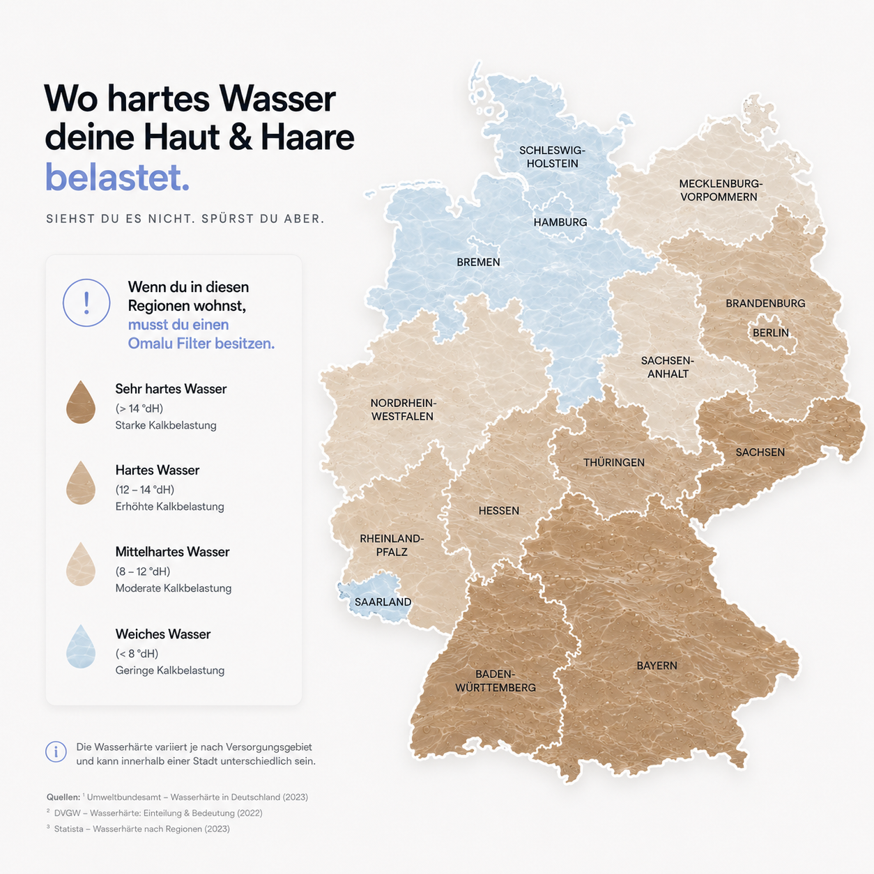 Karte von Deutschland mit farblich abgestuften Regionen zur Wasserhaerte