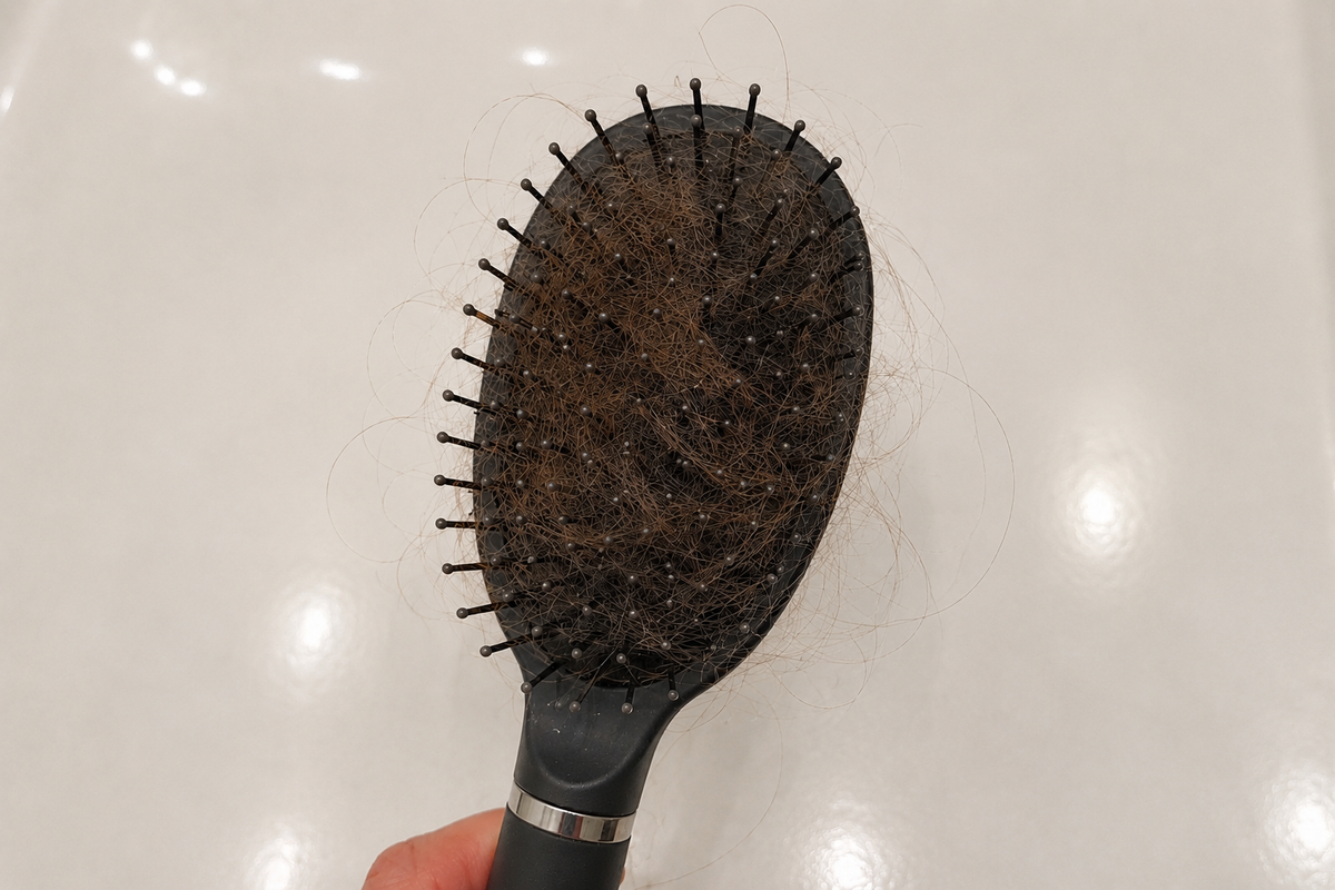 Haarbürste voller Haare nach dem Waschen mit ungefiltertem Wasser