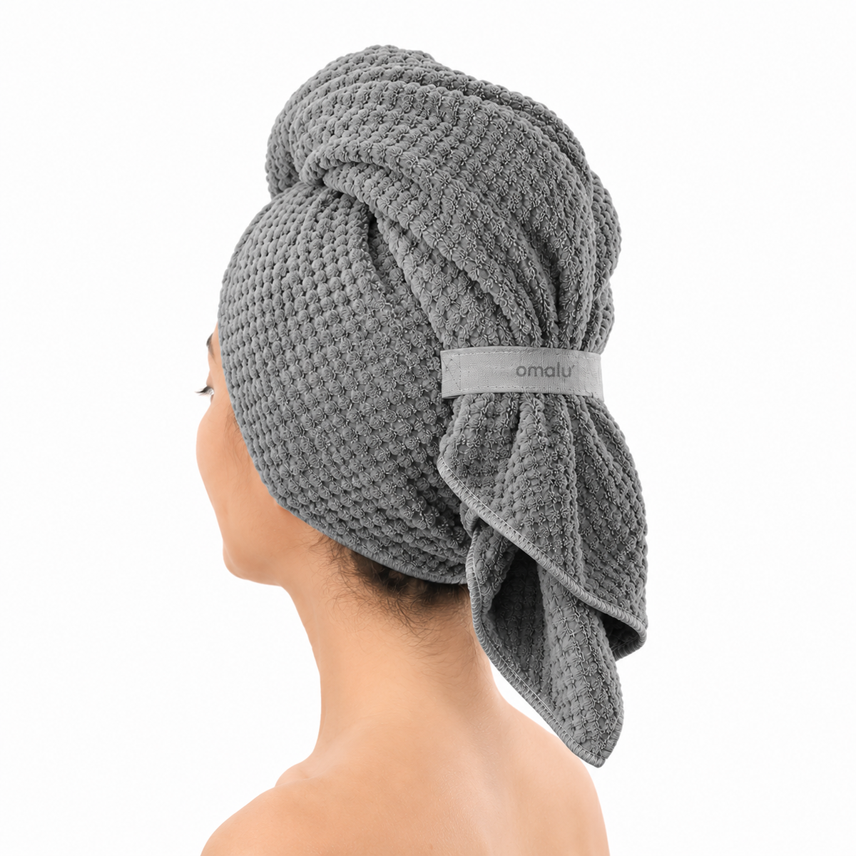 Omalu Hair Wrap in Grau, als Turban gewickelt, Seitenansicht