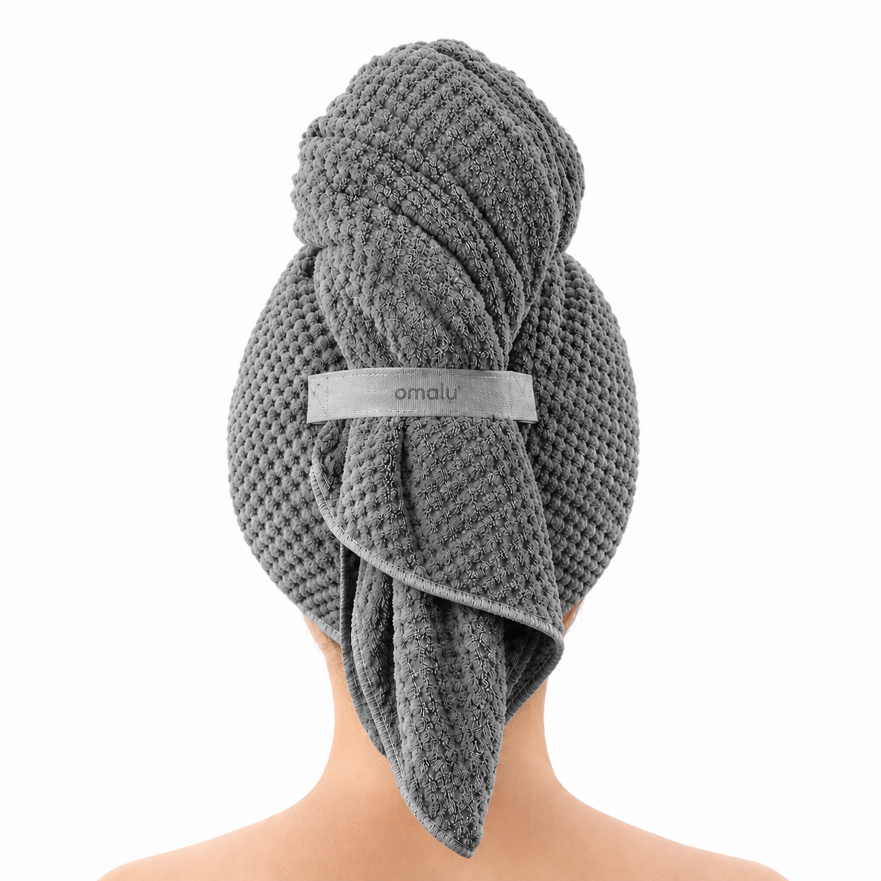 Omalu Hair Wrap in Grau, als Turban gewickelt, Rueckansicht