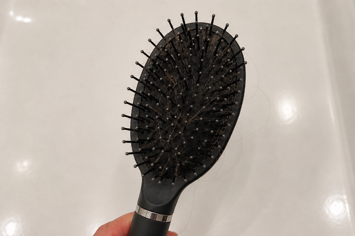 Haarbürste mit deutlich weniger Haaren nach dem Waschen mit dem Omalu Duschfilter