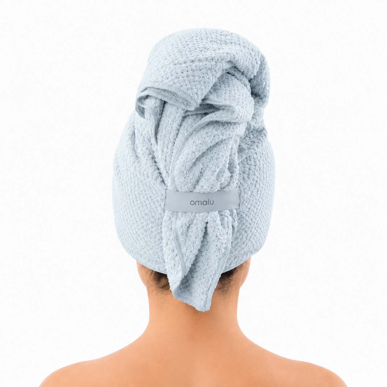 Omalu Hair Wrap in Hellblau, als Turban gewickelt, Rueckansicht